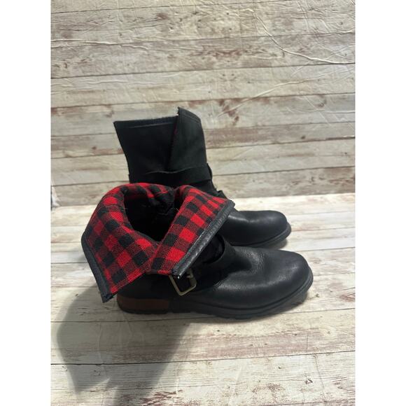 Sorel Major Moto Black Red Plaid Boots Women's Size 8 Buffalo Check Leather - Picture 2 of 10